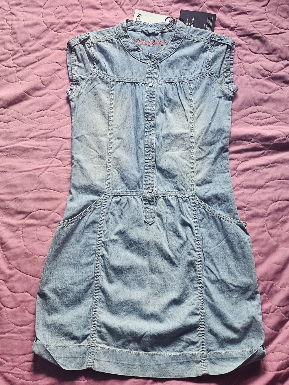 NWT Mexx Girls 12 EU 152 Denim Chambray Dress Embroidered Snap Front